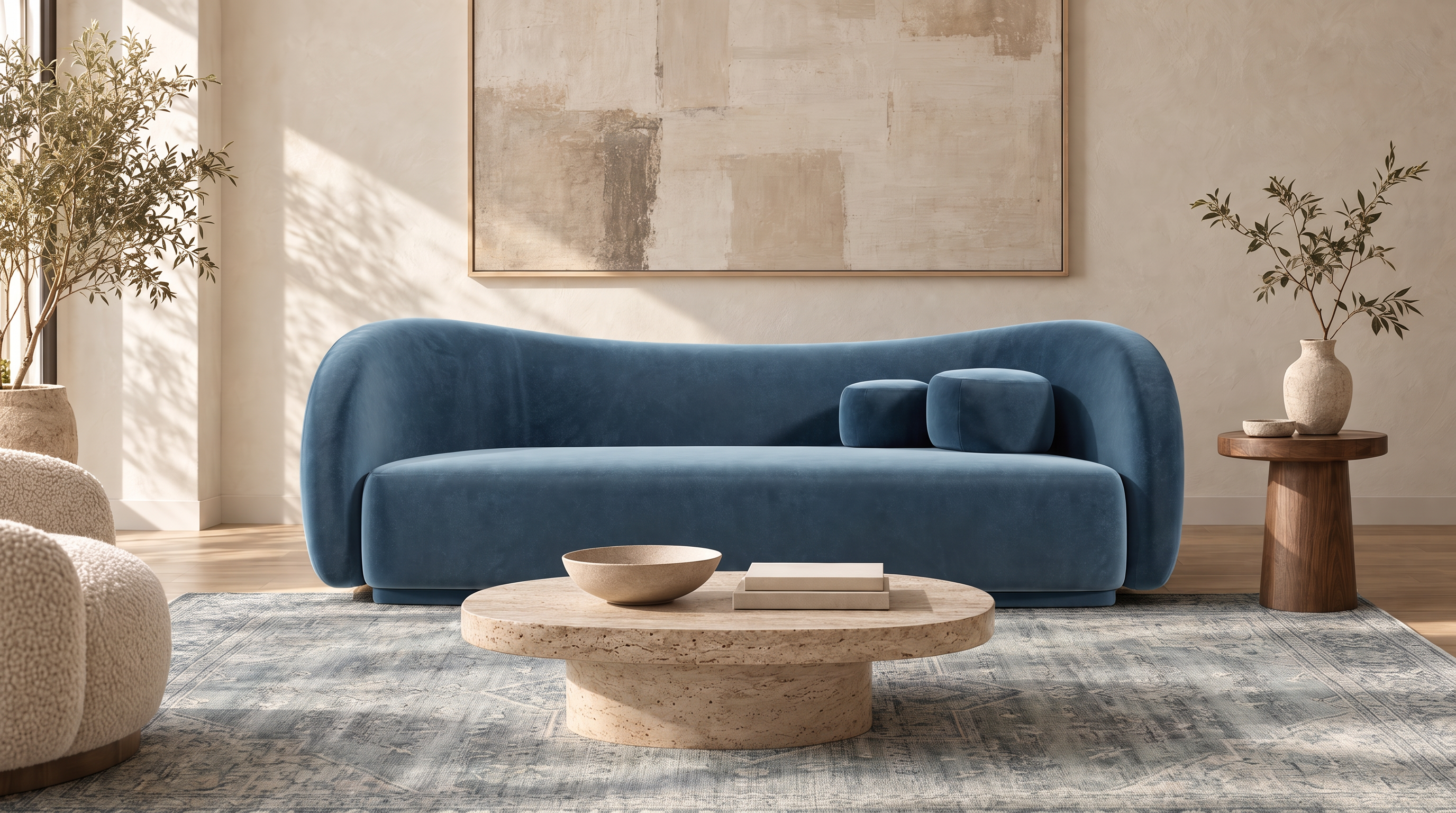 The same blue sofa and room with a refined grey-blue vintage rug
