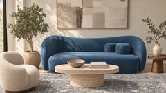 Finished render of the blue sofa scene in warm sunlight