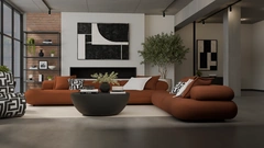 Rust modular sofa in a fully furnished 3D loft rendered in Blender