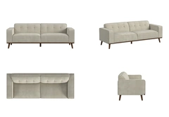 Four rendered product views of the same cream sofa