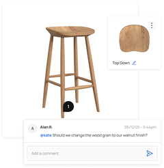 ALL3D model review interface showing product angles and an annotated material comment
