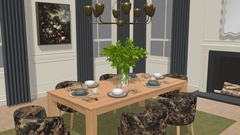A complete dining room with ceramic tableware in the 3D editor