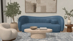 Editable 3D room with a blue sofa and decor