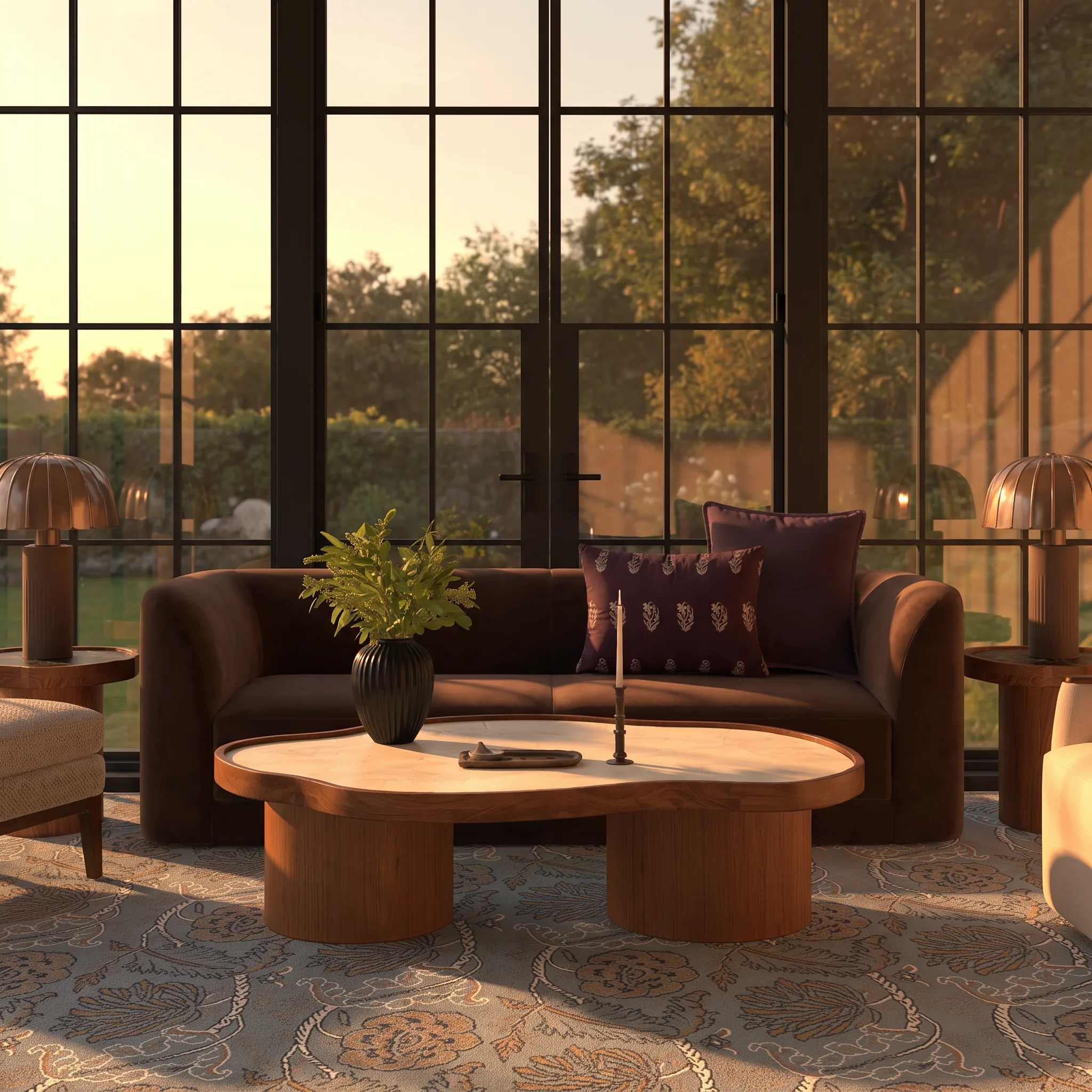 Golden-hour living room rendered in ALL3D: a brown curved sofa and sculpted coffee table in front of tall steel-framed windows
