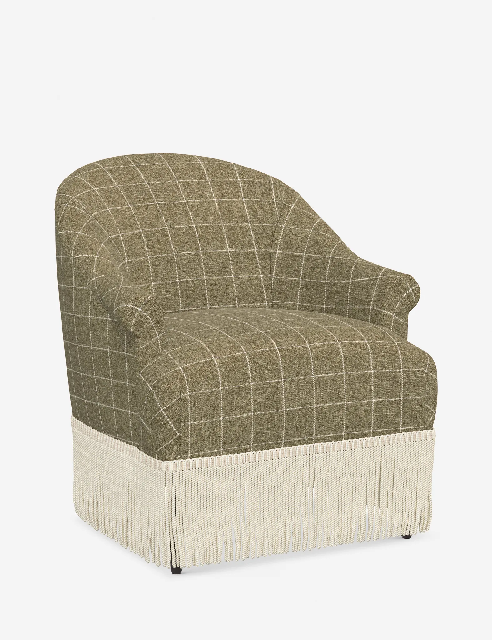 Green plaid armchair with a cream fringe skirt, photographed on a plain studio background