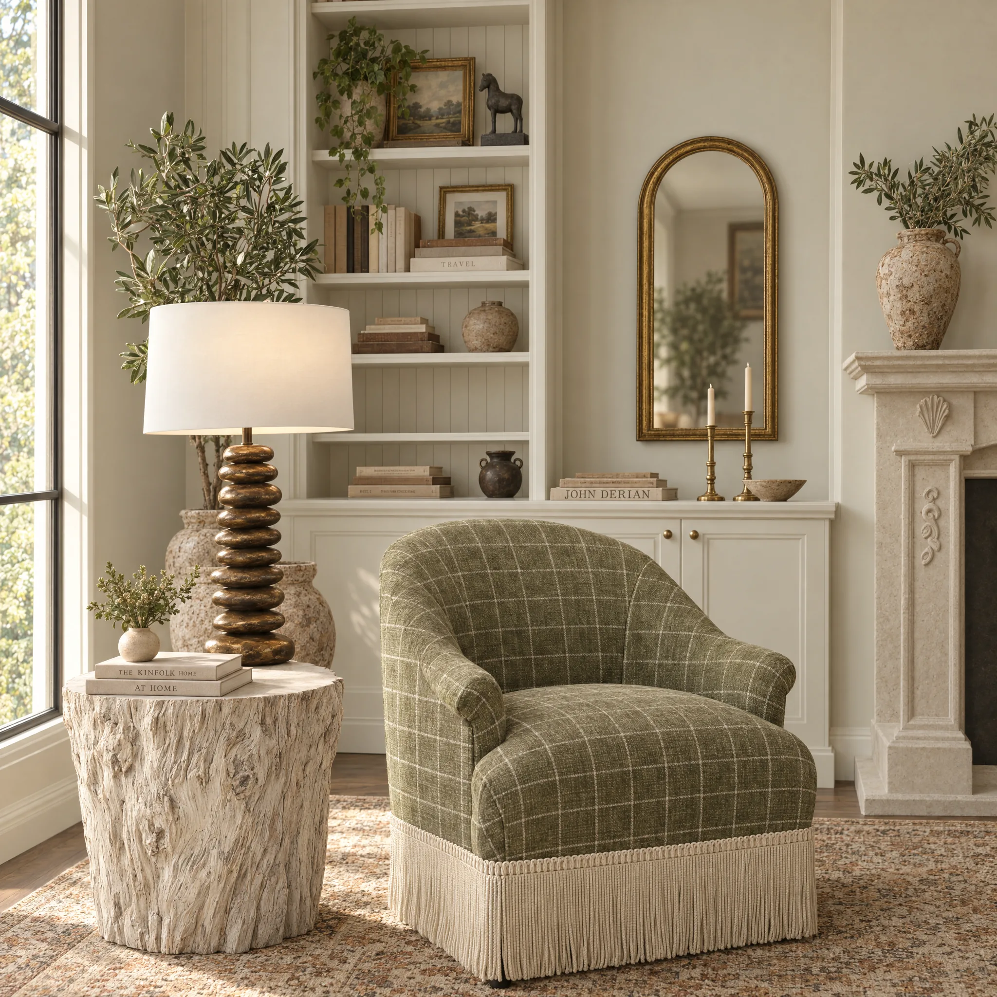 Photoreal render of the same living room from the same camera, with the plaid armchair, stump side table and lamp
