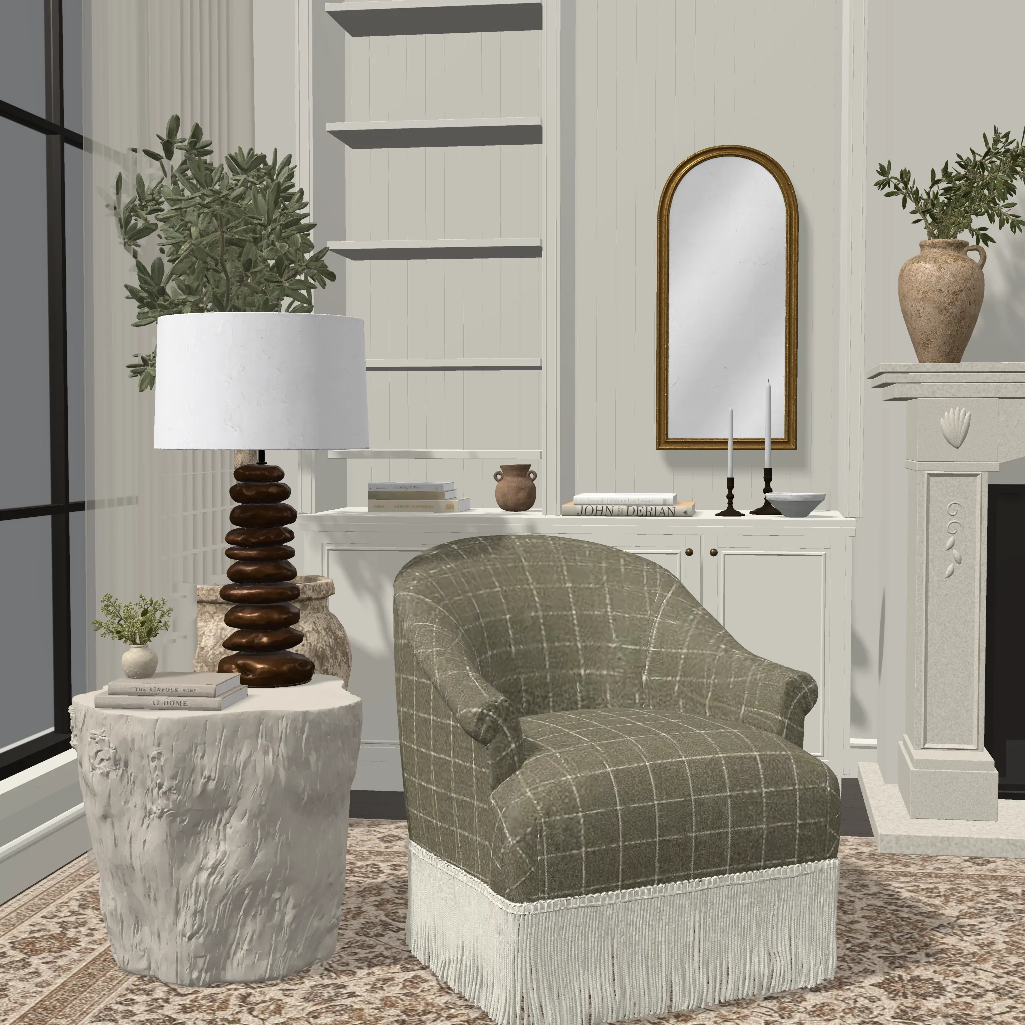The plaid armchair placed at true scale in a 3D living room in ALL3D, beside a stump side table and a table lamp